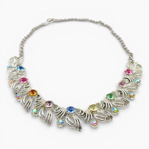 Vintage Coro Silver Multicolor Fruit Salad Rhinestone Necklace. Adjustable